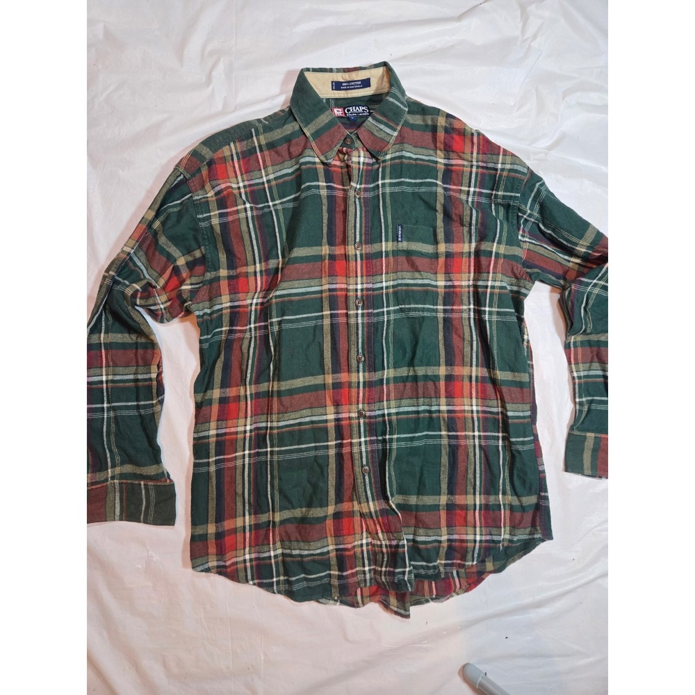 Vintage Chaps Ralph Lauren Green Red Plaid Flannel Shirt Mens Large Button Down